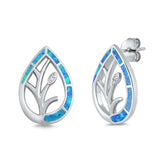 Sterling Silver Blue Lab Opal Pear Leaves Shaped Earrings With Clear CZ