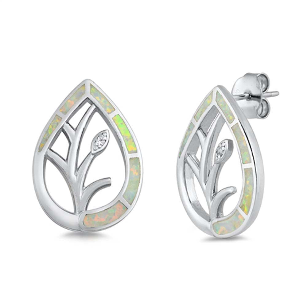 Sterling Silver White Lab Opal Pear Leaves Shaped Earrings With Clear CZ