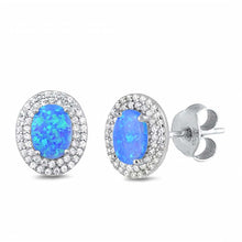 Load image into Gallery viewer, Sterling Silver Blue Lab Opal Oval Shaped Earrings With Clear CZ