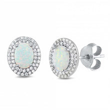 Load image into Gallery viewer, Sterling Silver White Lab Opal Oval Shaped Earrings With Clear CZ