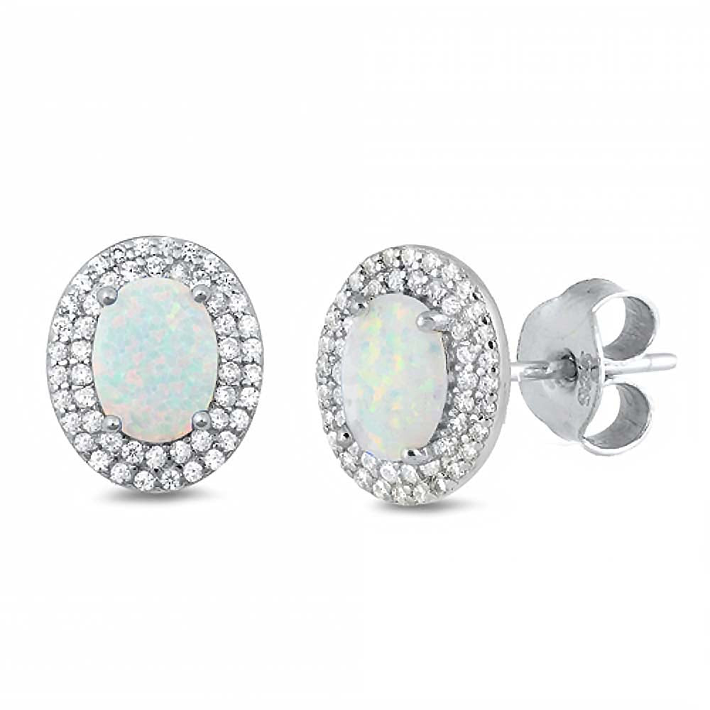 Sterling Silver White Lab Opal Oval Shaped Earrings With Clear CZ