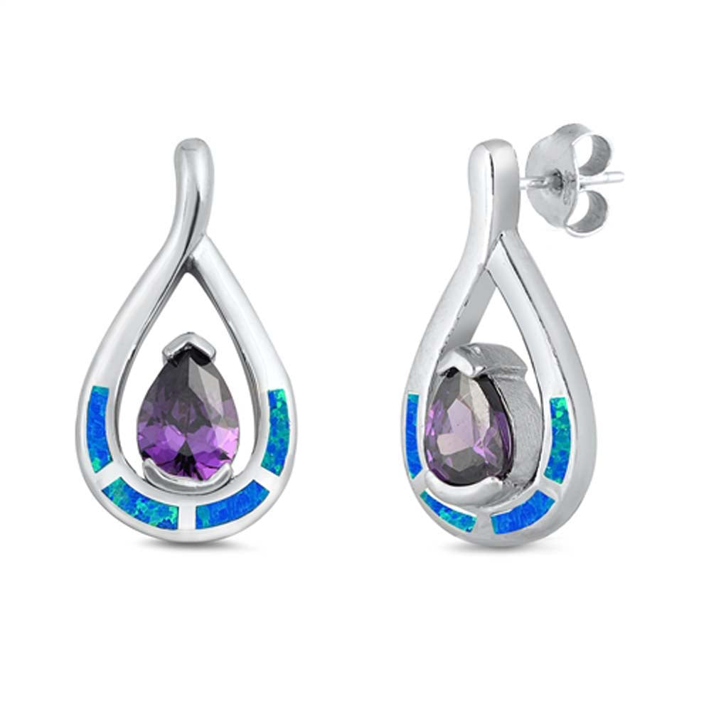 Sterling Silver Blue Lab Opal Pear Shaped Earrings With Tanzanite