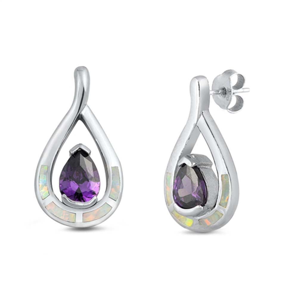 Sterling Silver White Lab Opal Pear Shaped Earrings With Tanzanite