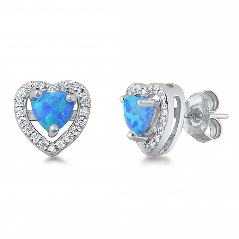 Sterling Silver Blue Lab Opal Heart Shaped Earrings With Clear CZ