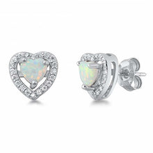 Load image into Gallery viewer, Sterling Silver White Lab Opal Heart Shaped Earrings With Clear CZ