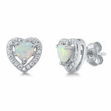 Sterling Silver White Lab Opal Heart Shaped Earrings With Clear CZ