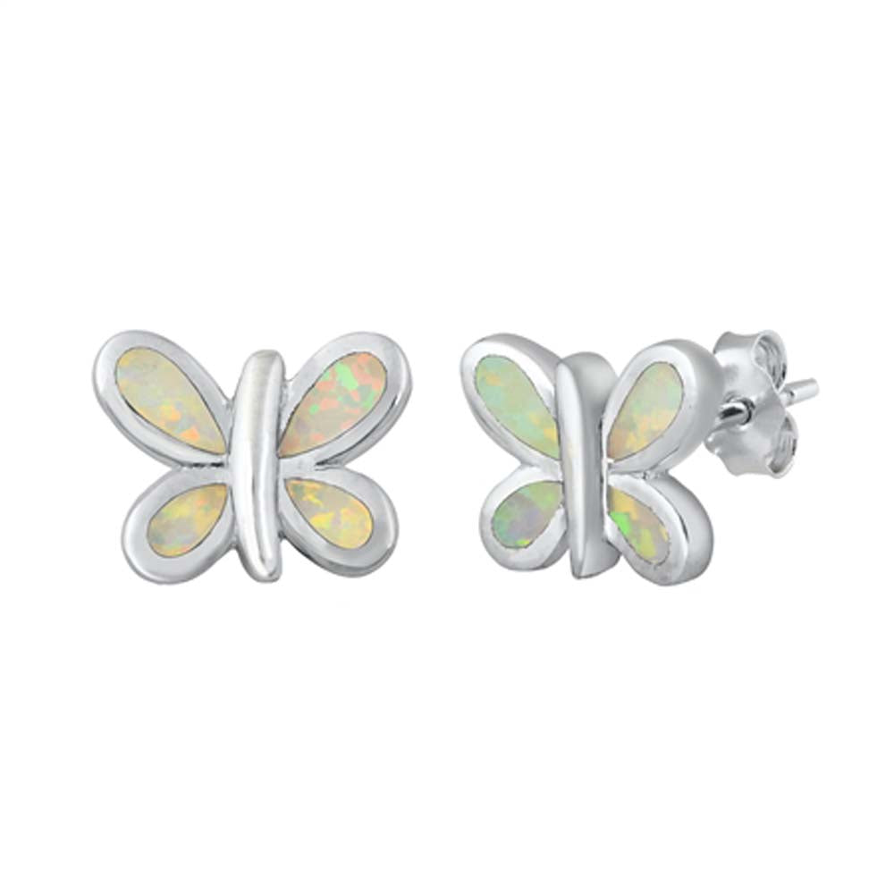 Sterling Silver White Lab Opal Butterfly Earrings