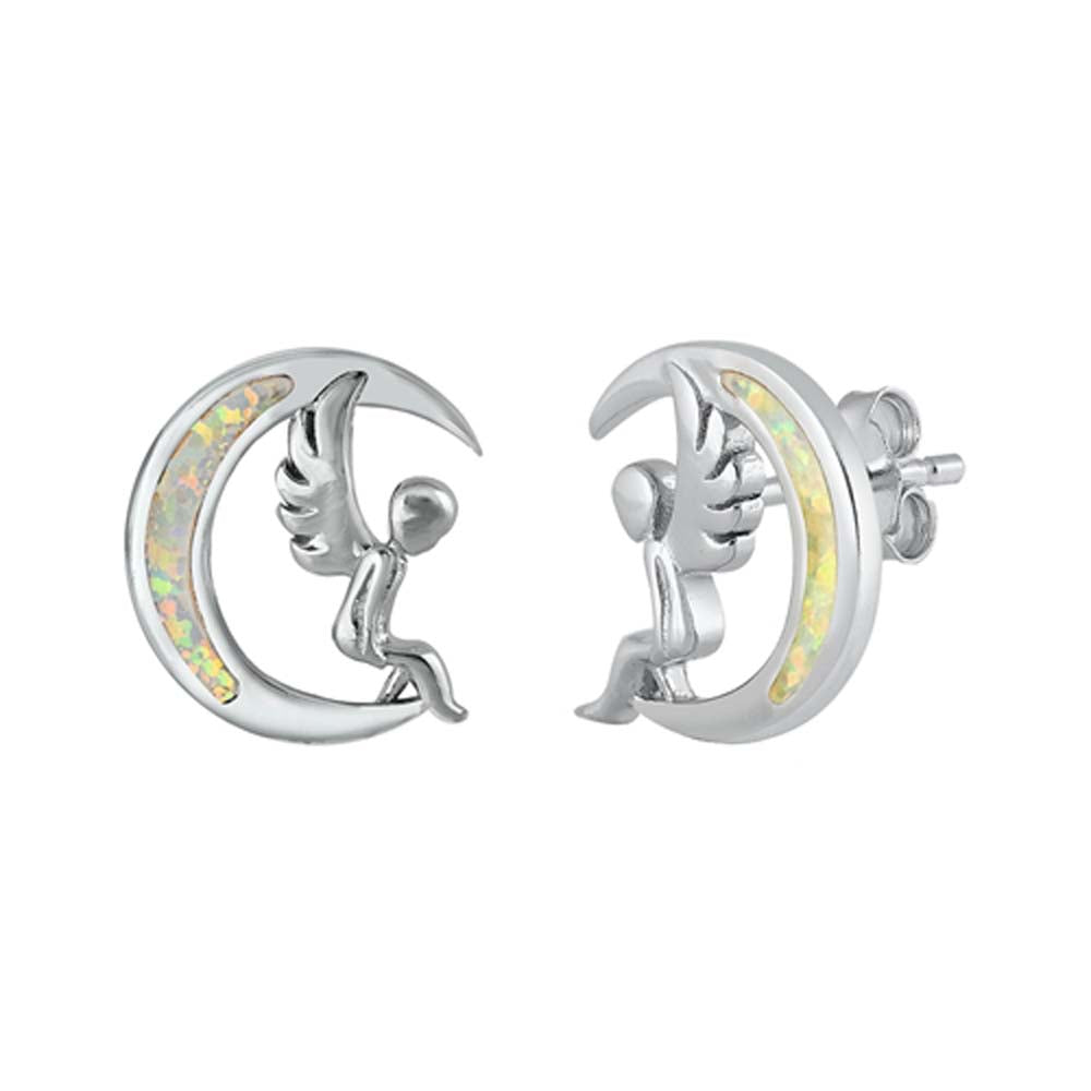 Sterling Silver White Lab Opal Moon and Angel Earrings