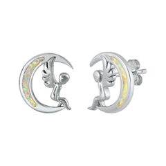 Sterling Silver White Lab Opal Moon and Angel Earrings