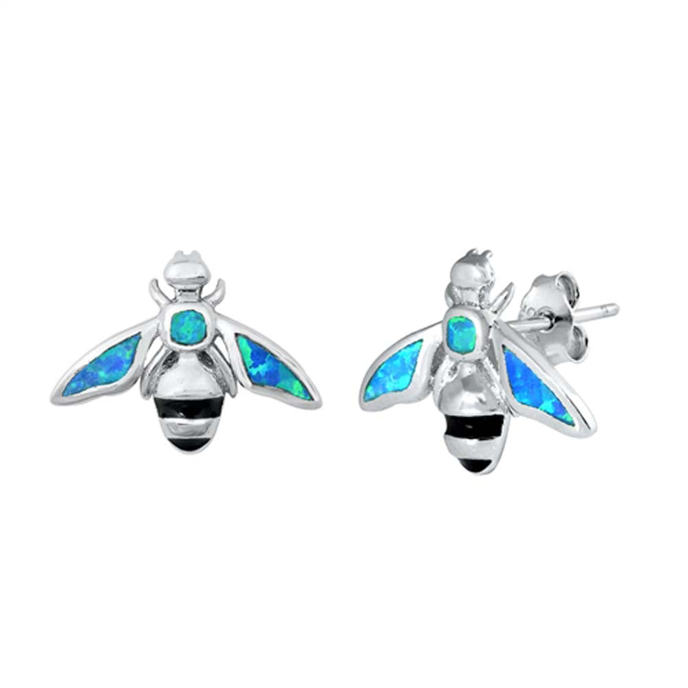 Sterling Silver Blue Lab Opal Bee Earrings