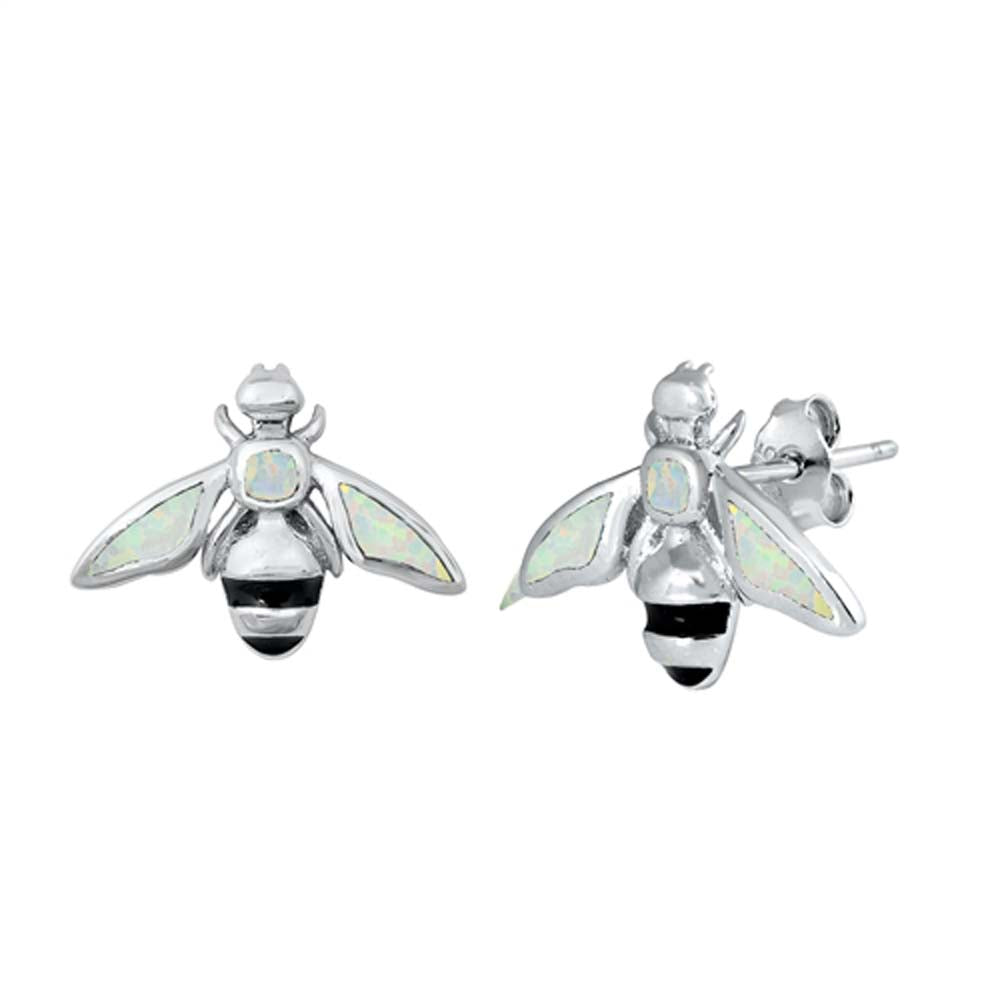 Sterling Silver White Lab Opal Bee Earrings