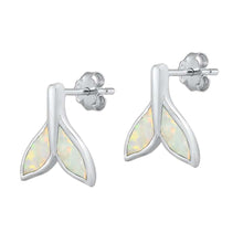 Load image into Gallery viewer, Sterling Silver Whale Tail With White Lab Opal Earrings