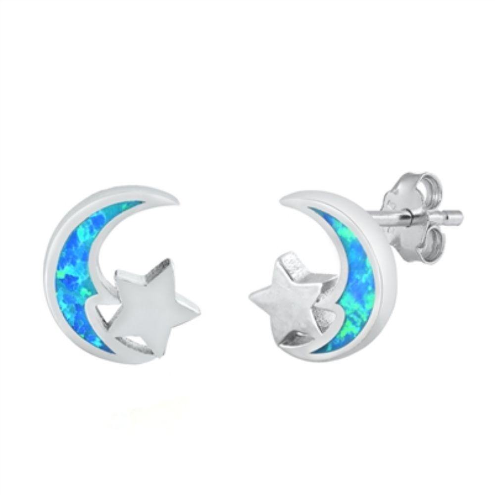 Sterling Silver Rhodium Plated Blue Lab Opal Moon and Star Earrings - silverdepot