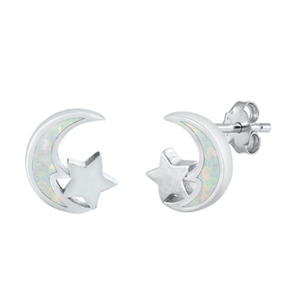 Sterling Silver Rhodium Plated White Lab Opal Moon and Star Earrings - silverdepot