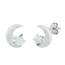 Load image into Gallery viewer, Sterling Silver Rhodium Plated White Lab Opal Moon and Star Earrings - silverdepot
