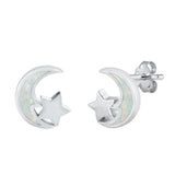 Sterling Silver Rhodium Plated White Lab Opal Moon and Star Earrings