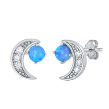 Load image into Gallery viewer, Sterling Silver Moon With Blue Lab Opal Earrings