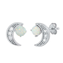 Load image into Gallery viewer, Sterling Silver Moon With White Lab Opal Earrings