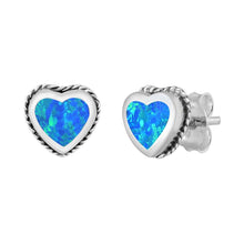 Load image into Gallery viewer, Sterling Silver Blue Lab Opal Heart Earrings