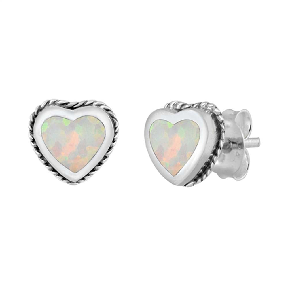 Sterling Silver White Lab Opal Heart Earrings