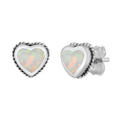 Sterling Silver White Lab Opal Heart Earrings