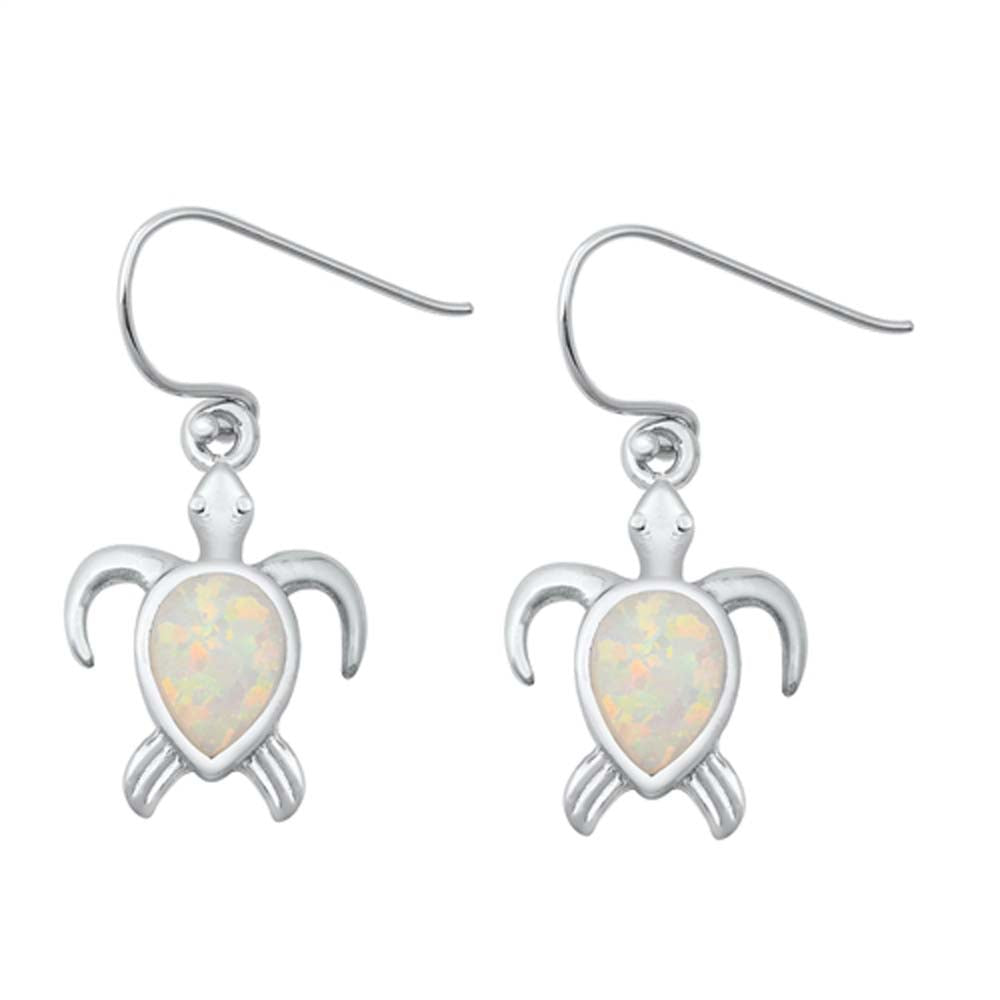 Sterling Silver White Lab Opal Turtle Earrings