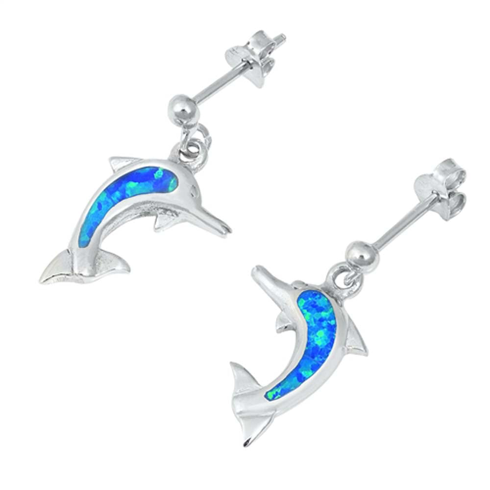 Sterling Silver Blue Lab Opal Dolphin Earrings