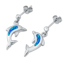 Load image into Gallery viewer, Sterling Silver Blue Lab Opal Dolphin Earrings