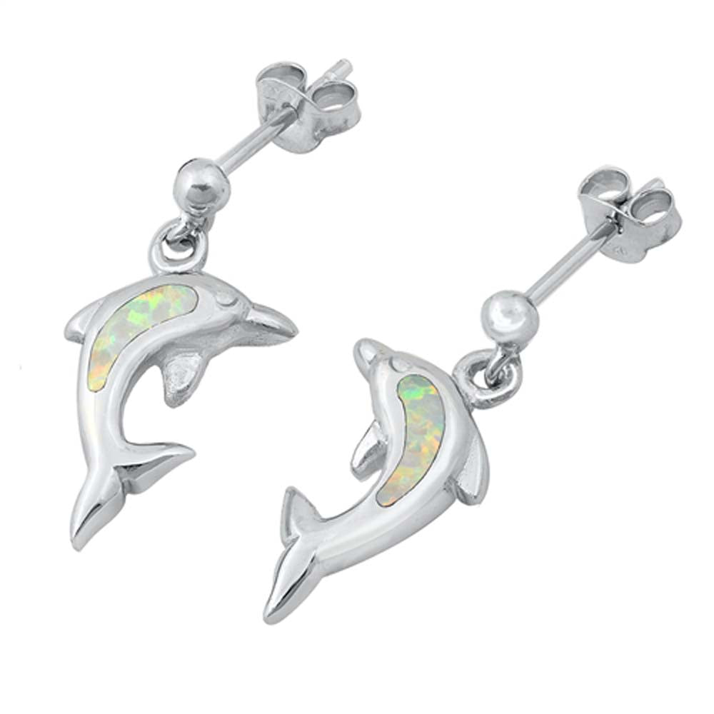 Sterling Silver White Lab Opal Dolphin Earrings