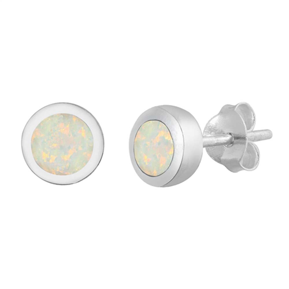 Sterling Silver White Lab Opal Round Earrings