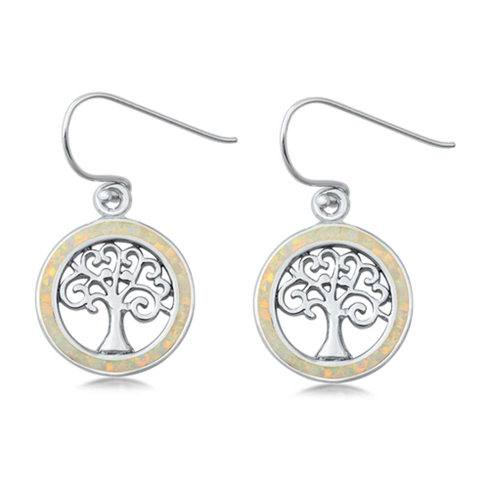 Sterling Silver White Lab Opal Tree Of Life Earrings