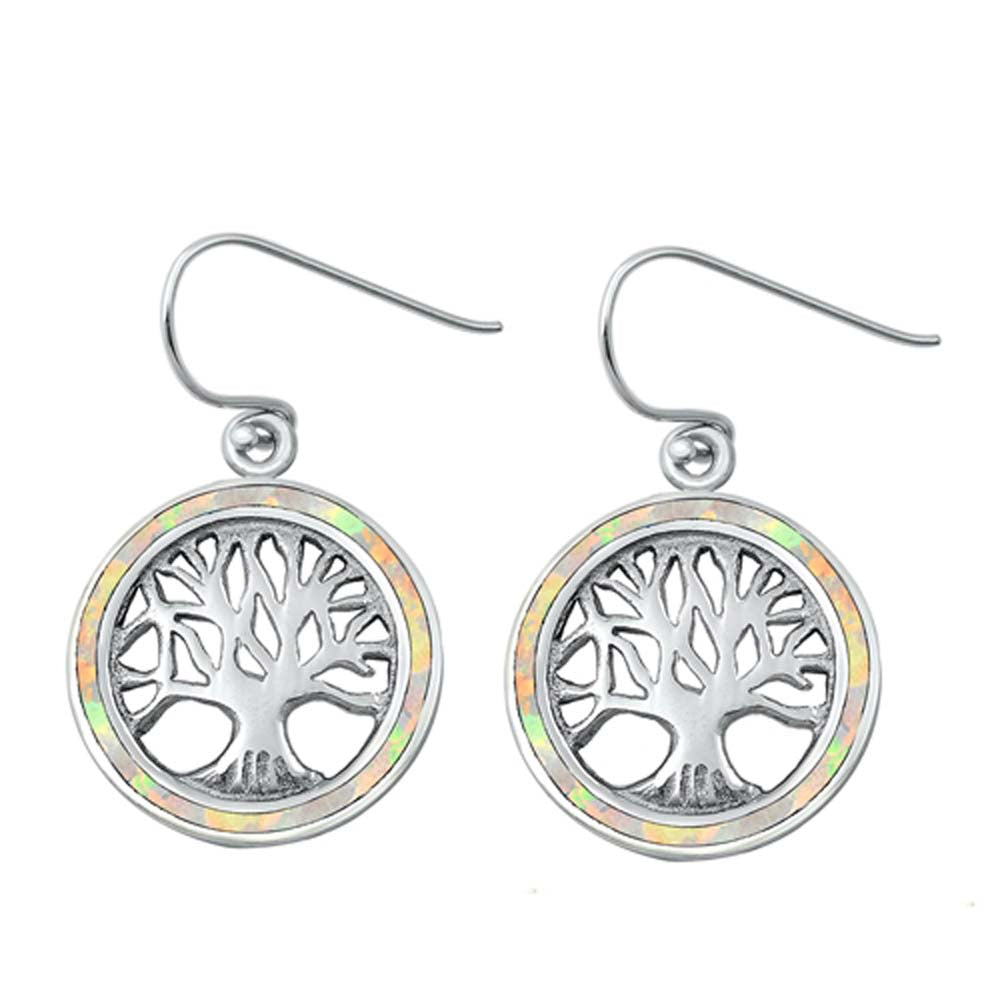 Sterling Silver White Lab Opal Tree Of Life Earrings