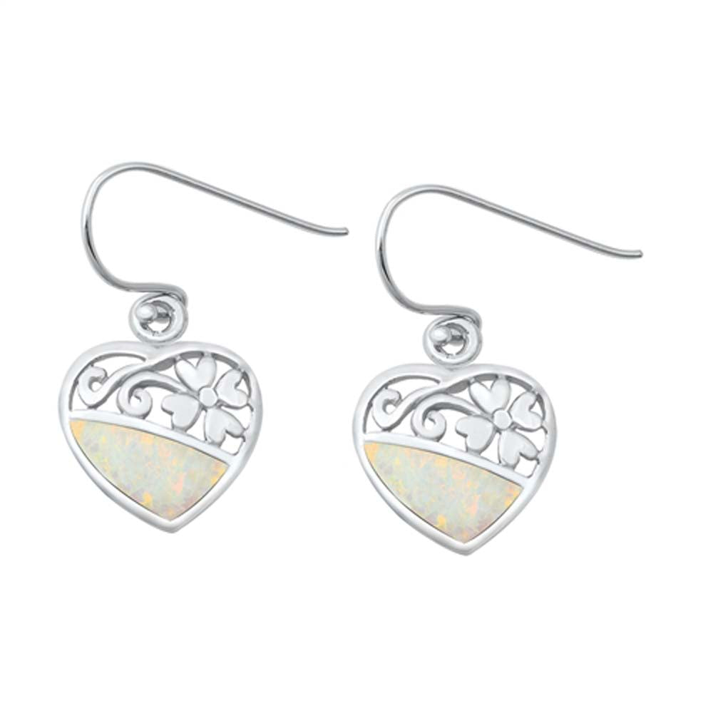 Sterling Silver White Lab Opal Heart and Flower Earrings