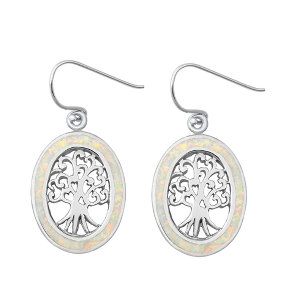 Sterling Silver White Lab Opal Tree Of Life Earrings