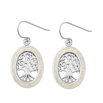 Sterling Silver White Lab Opal Tree Of Life Earrings