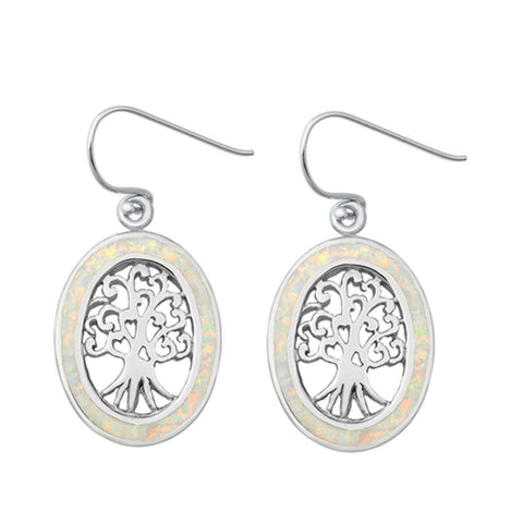 Sterling Silver White Lab Opal Tree Of Life Earrings