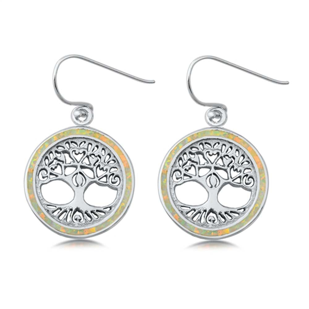 Sterling Silver White Lab Opal Tree Of Life Earrings