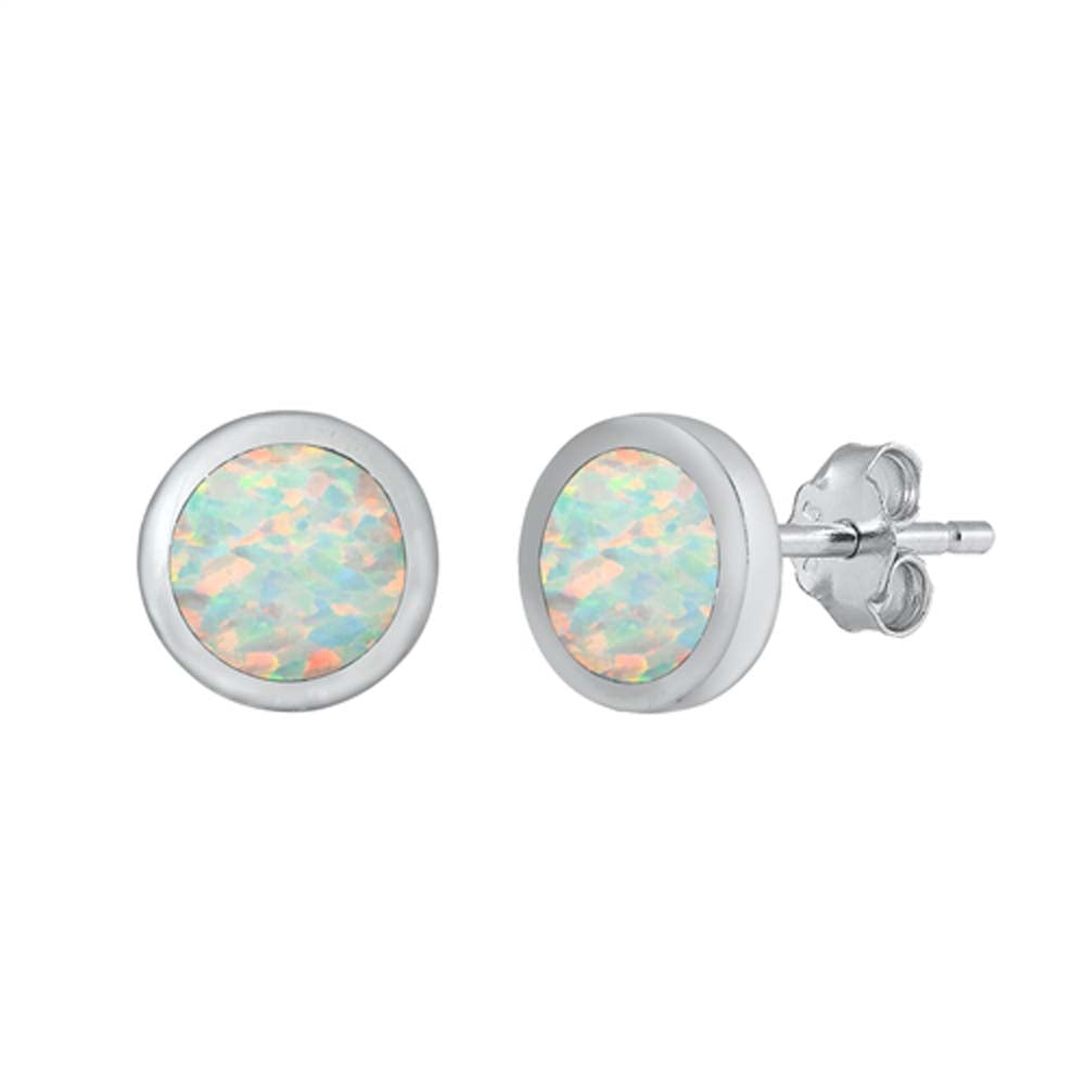 Sterling Silver White Lab Opal Round Earrings