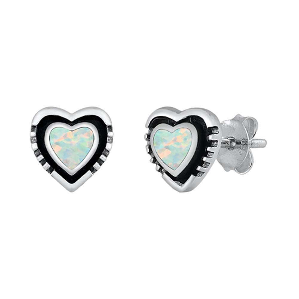 Sterling Silver White Lab Opal Heart Earrings