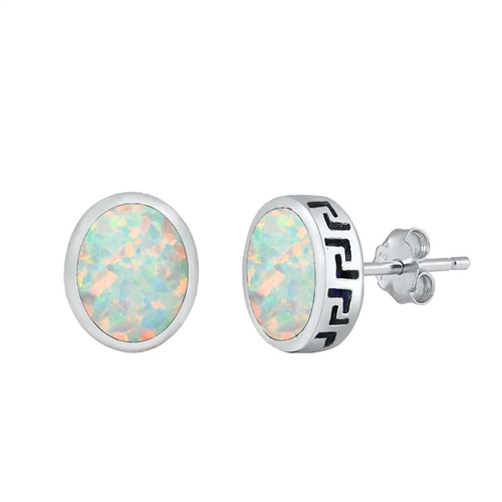 Sterling Silver White Lab Opal Round Earrings