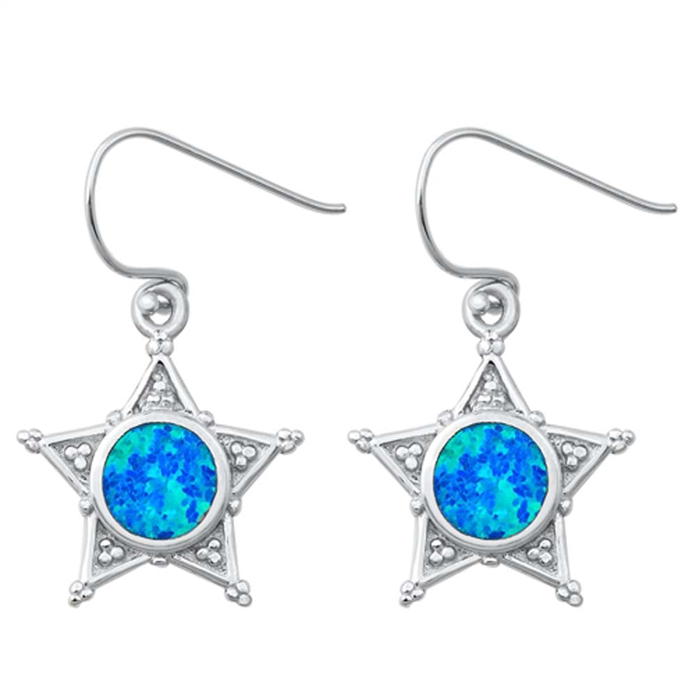 Sterling Silver Sheriff Star With Blue Lab Opal Earrings