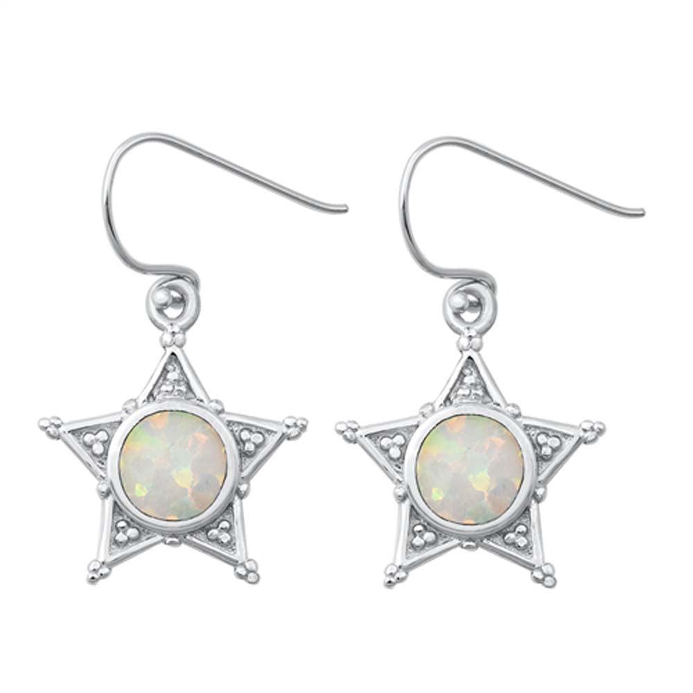 Sterling Silver Sheriff Star With White Lab Opal Earrings