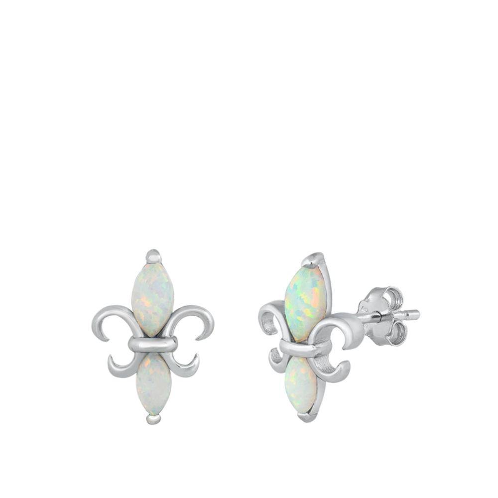 Sterling Silver Rhodim Plated White Lab Opal Stud Earrings - silverdepot