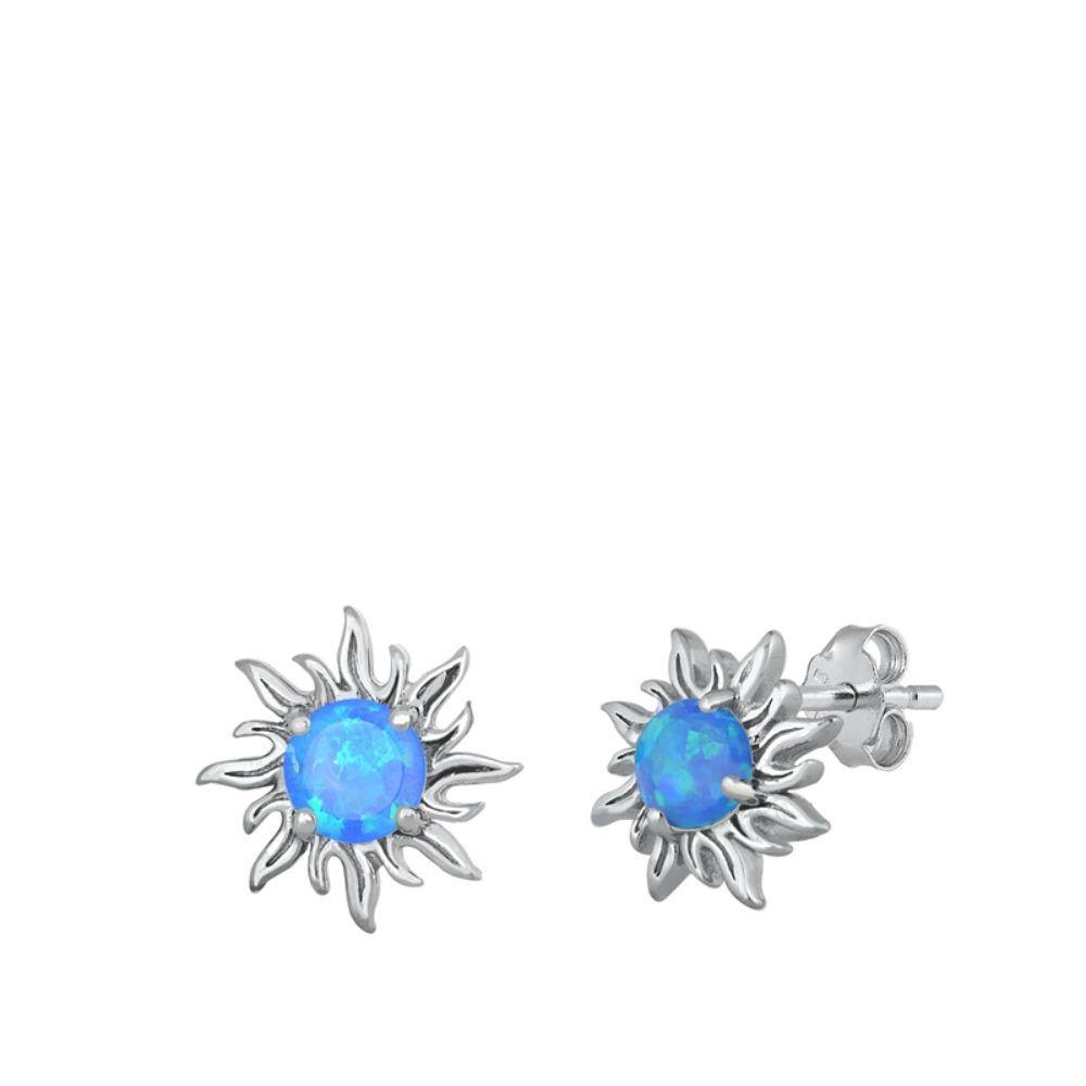 Sterling Silver Rhodim Plated Sun Blue Lab Opal Stud Earrings - silverdepot