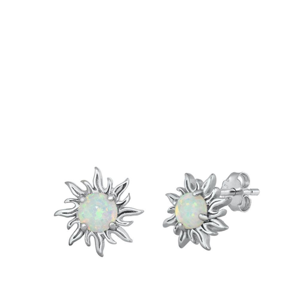 Sterling Silver Rhodim Plated Sun White Lab Opal Stud Earrings - silverdepot