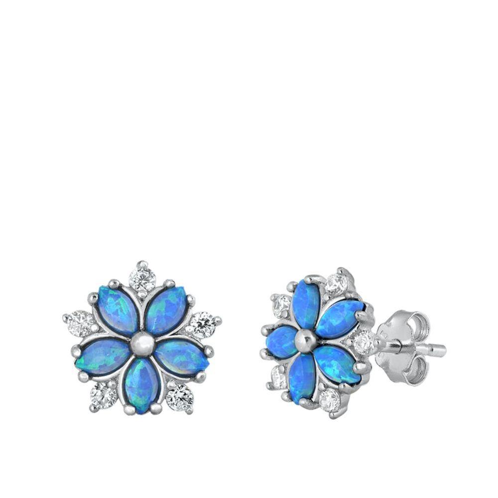 Sterling Silver Rhodim Plated Flower Blue Lab Opal Stud Earrings - silverdepot