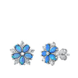 Sterling Silver Rhodim Plated Flower Blue Lab Opal Stud Earrings