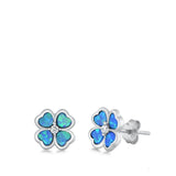 Sterling Silver Rhodim Plated Plumeria Blue Lab Opal Stud Earrings