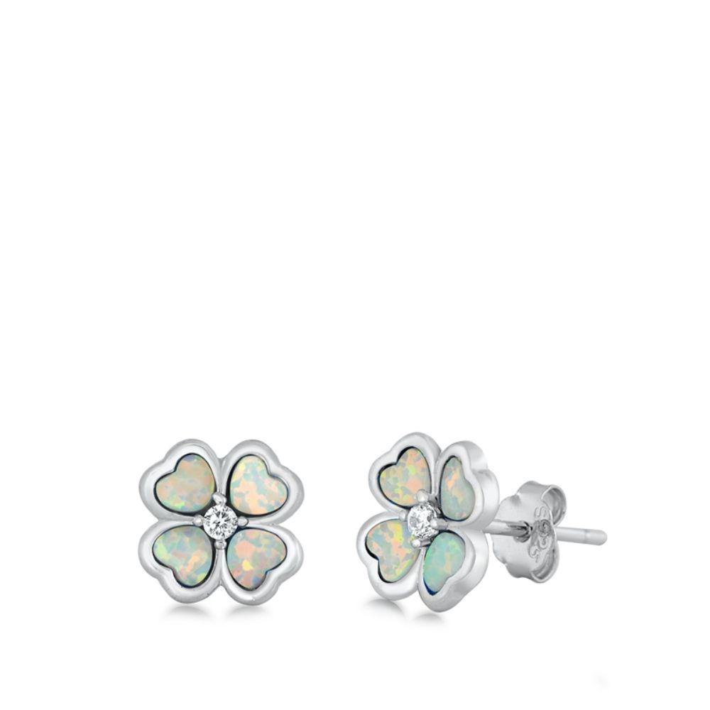 Sterling Silver Rhodim Plated Plumeria White Lab Opal Stud Earrings - silverdepot