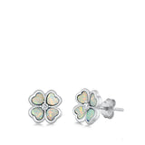 Sterling Silver Rhodim Plated Plumeria White Lab Opal Stud Earrings